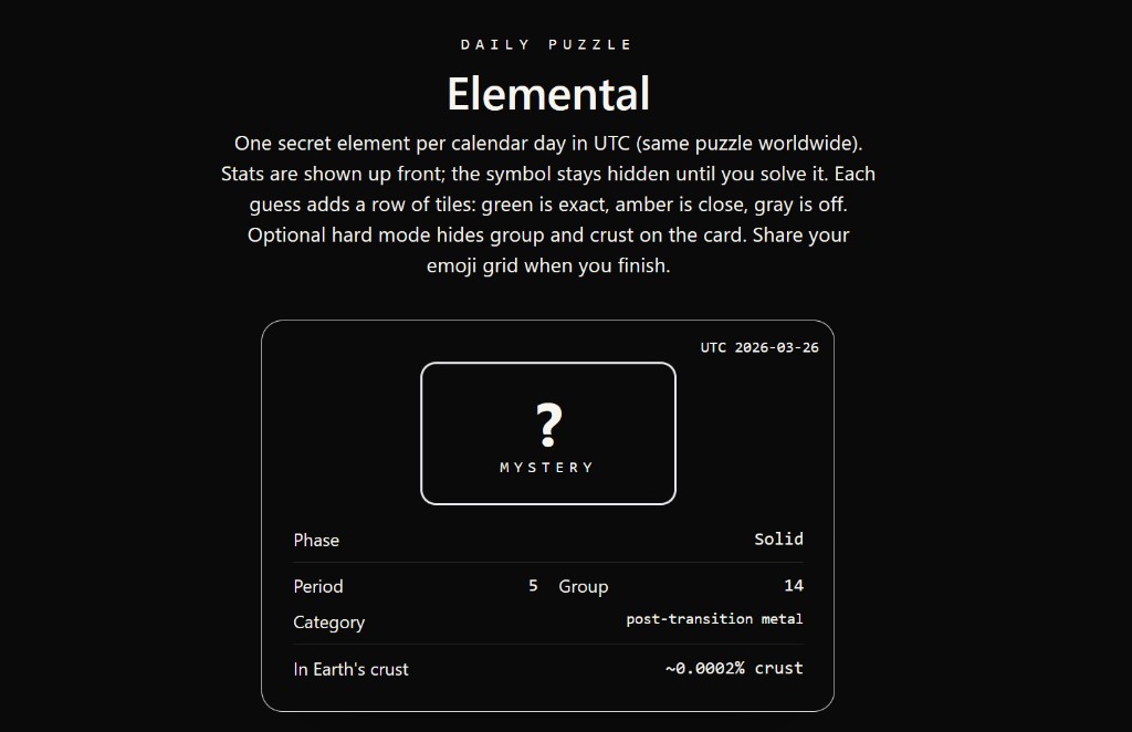 Elemental daily puzzle card with mystery stats and UTC date