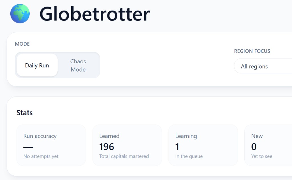 Globetrotter lobby with daily run mode and capital stats