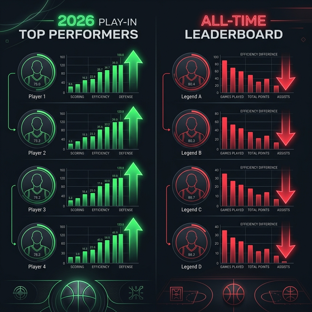 Data viz showing the all-time NBA Play-In Tournament scoring leaders and the 2026 top performers
